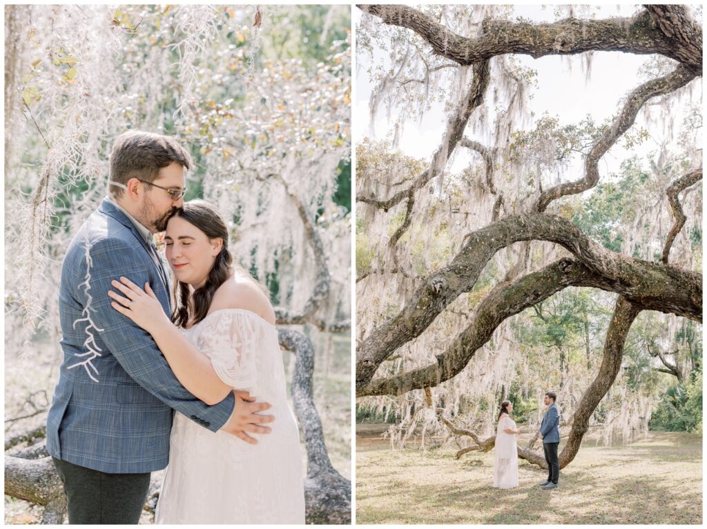 At a Florida State Park, a bride and groom share vows in a private setting under a large tree covered with Spanish Moss.