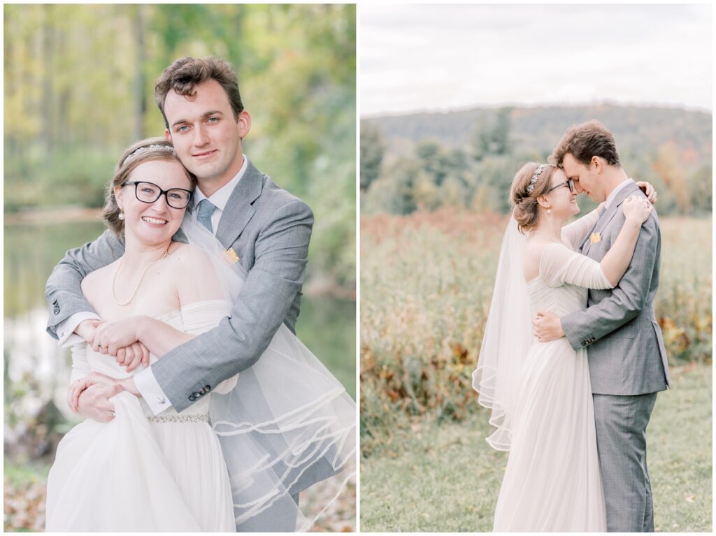 intimate bride and groom photos during their fall elopement in lake placid