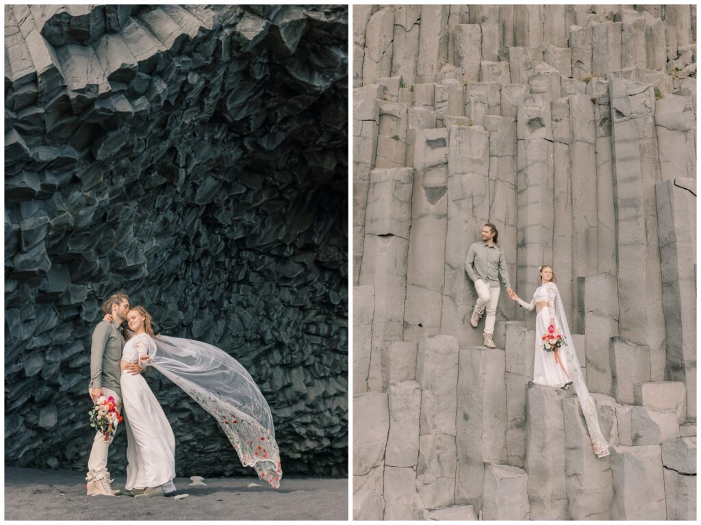Couple posing near the Basalt Rocks on their elopement day at Black Sand Beach in Iceland.