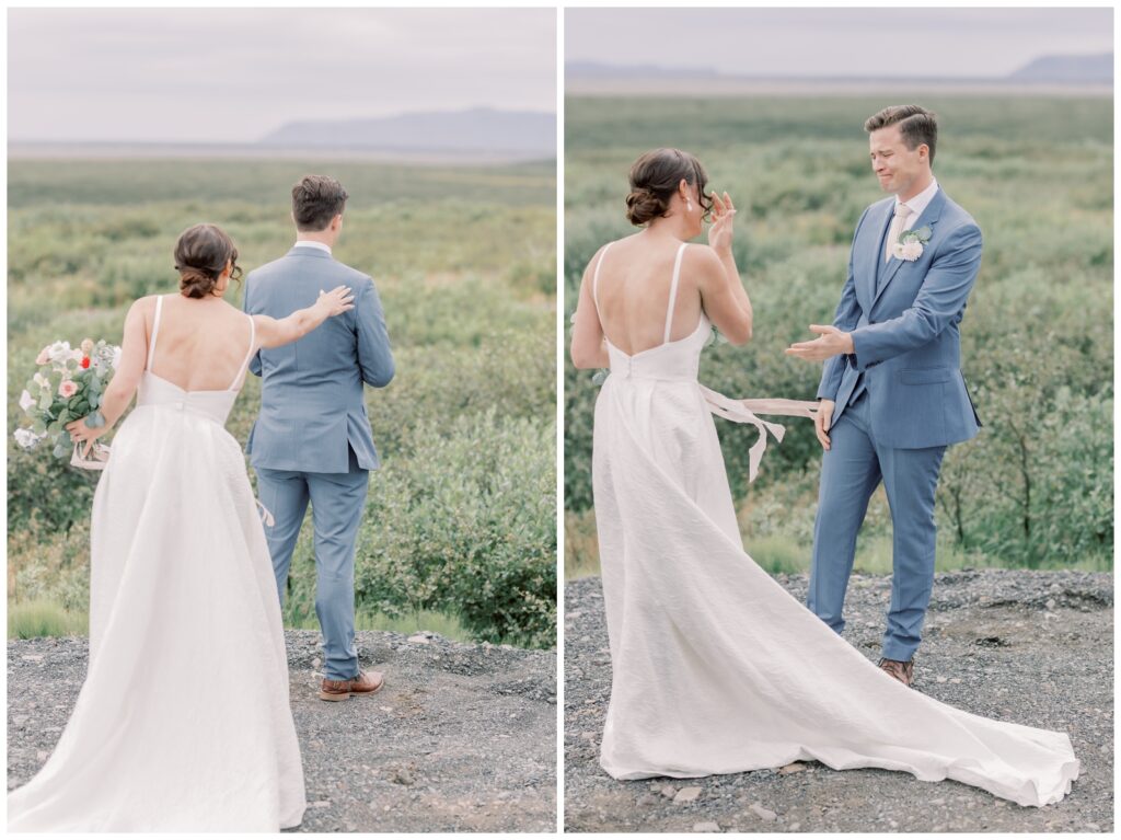 In southern Iceland a bride and groom share an emotional first look as then begin their epic elopement day.