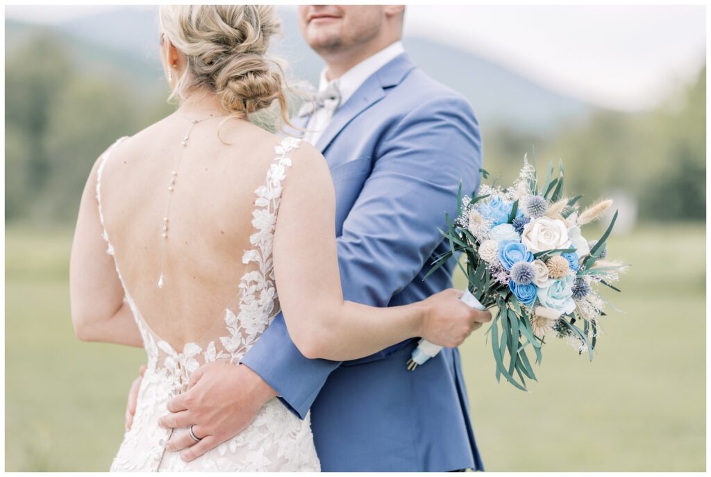 Detail photos of brides dress and flowers during a Keene Valley Elopement in the Adirondacks. 
