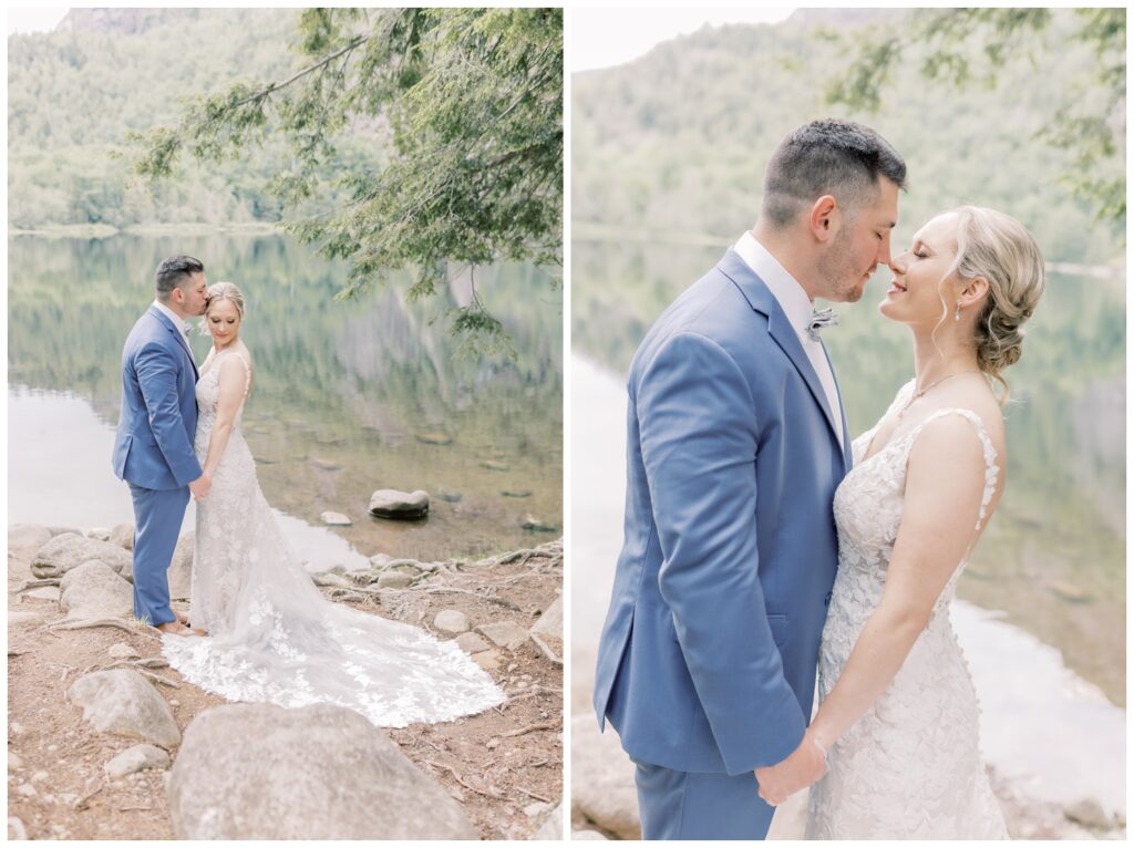 Bride and Groom kissing in front of Chapel Pond  during their Keene Valley Elopement.
