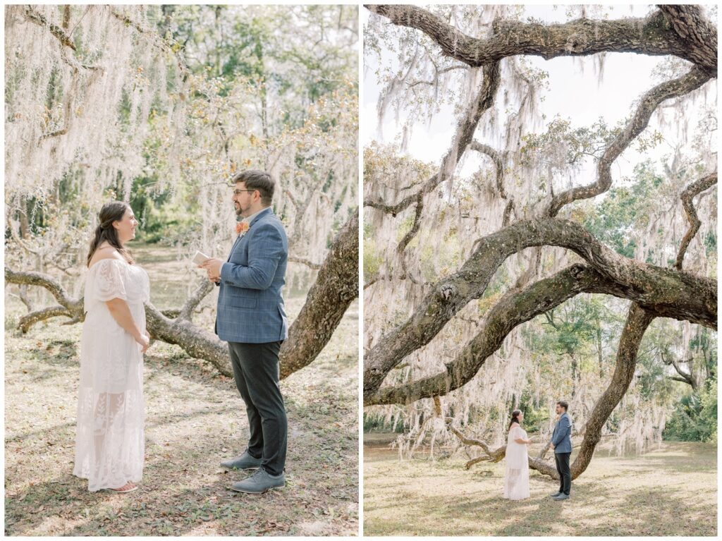 A bride and groom exchanging vows under a large tree covered with Spanish Moss.
