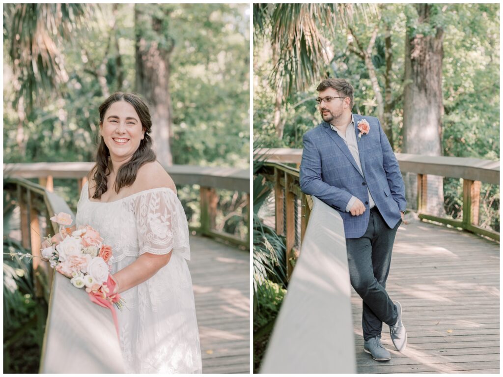 Bride and groom on a boardwalk surrounded by Florida foliage on their wedding day at Silver Springs.