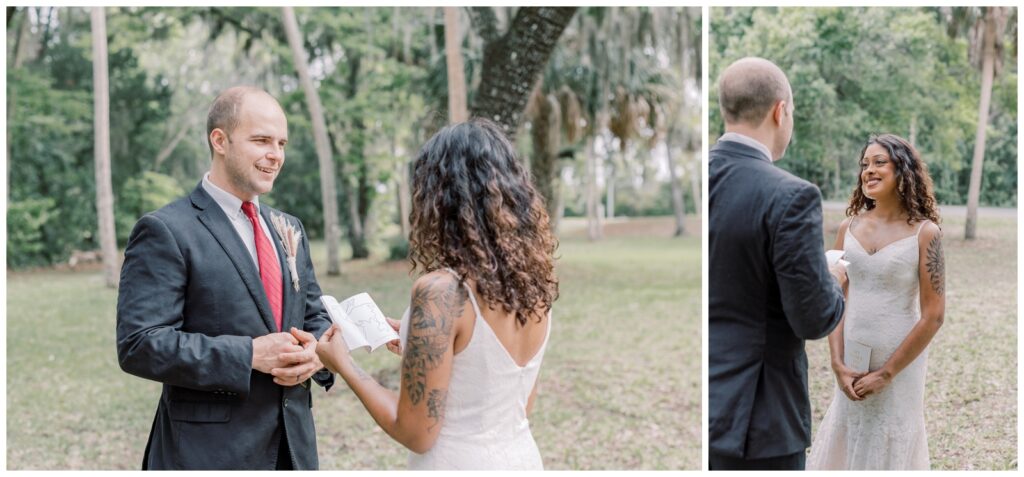 Couple exchanging their vows during their intimate ceremony at Fort Island Gulf Park.
