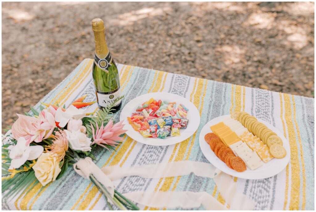 Picnic of cheese, crackers, champagne and sour candy.
